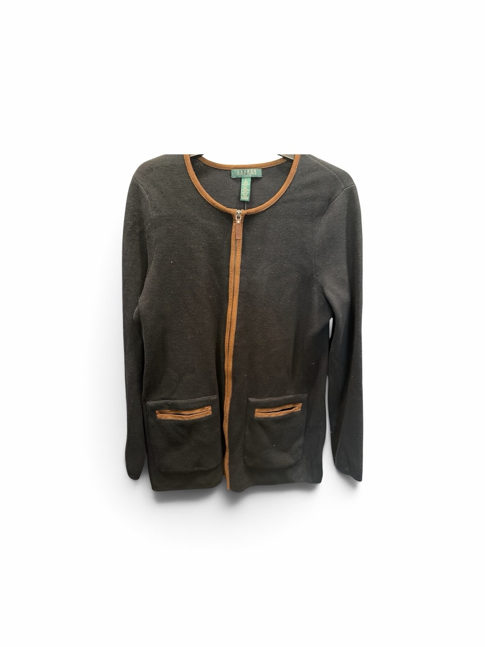 Lauren Ralph Lauren Black Knit Zip-Front Cardigan with Brown Trim